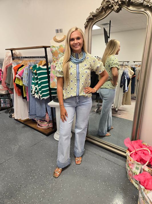 Smocked Neck Printed Top