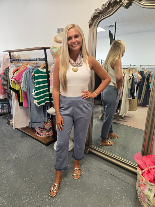 Cropped Pleated Trouser- Slate Blue