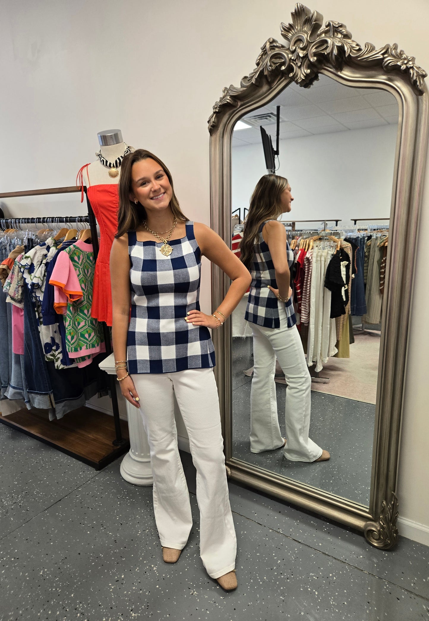 Gingham High Neck Top- Navy