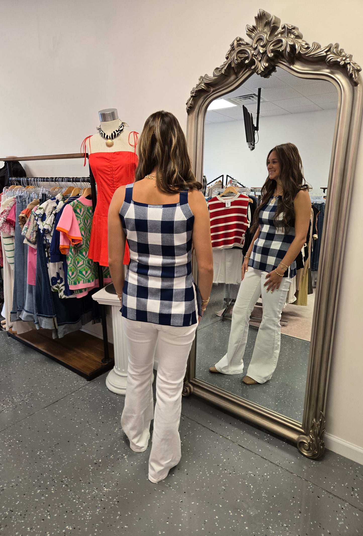 Gingham High Neck Top- Navy
