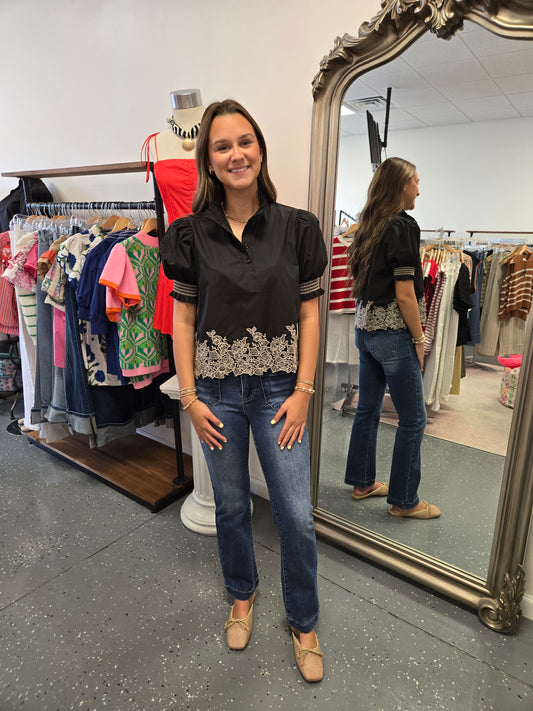 Embroidered Detail Button Up Blouse-Black