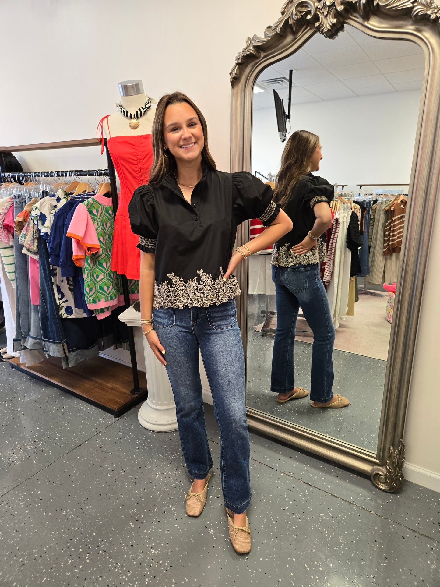 Embroidered Detail Button Up Blouse-Black