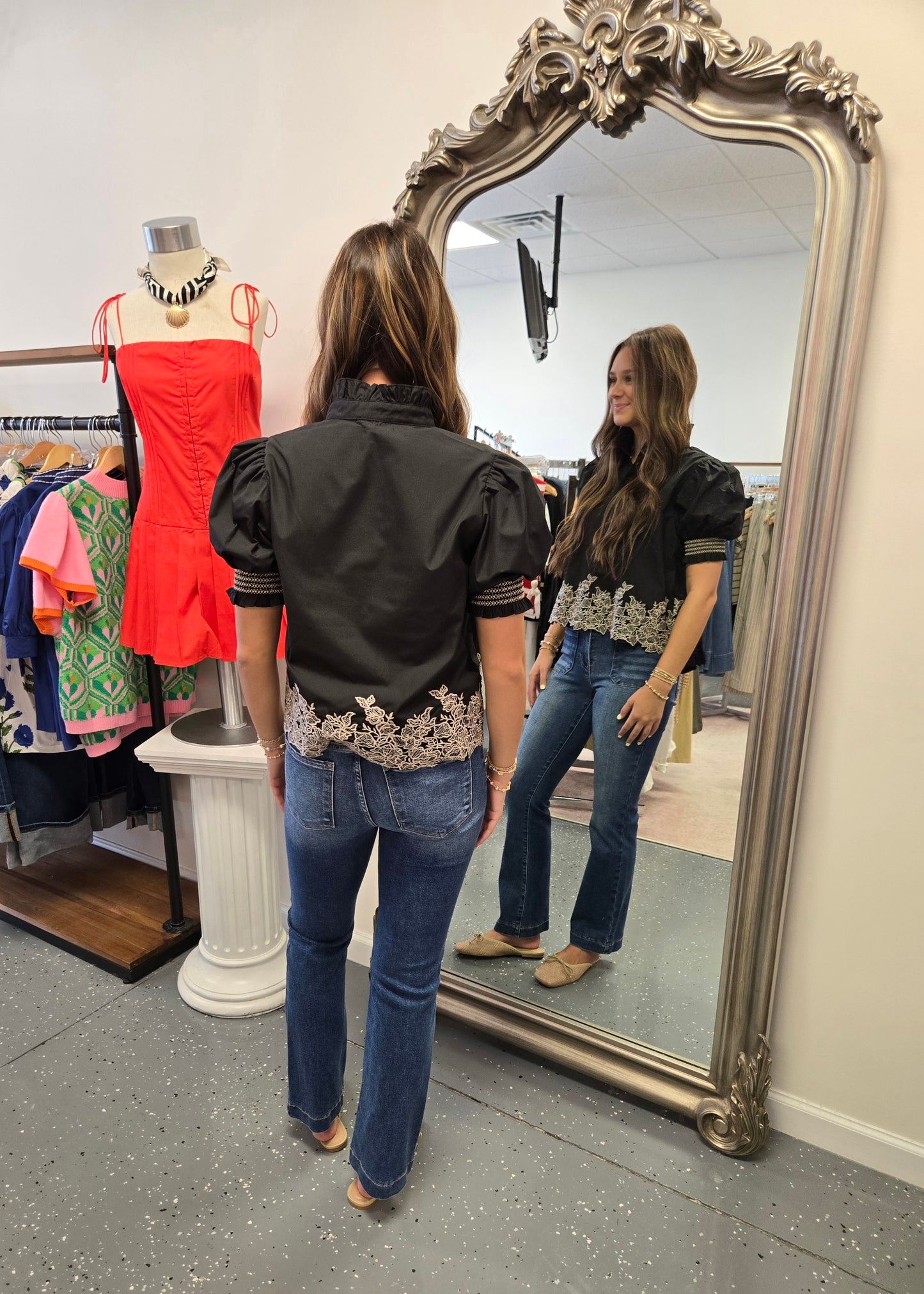 Embroidered Detail Button Up Blouse-Black