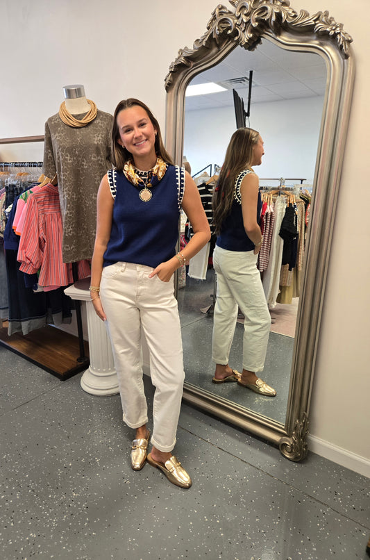 Detailed Sleeveless Knit Top- Blue