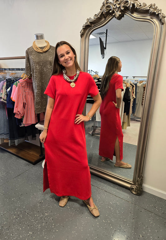 Comfy Scuba Maxi Dress-Red
