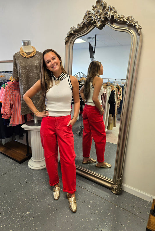 High Rise Barrel Jeans-Red