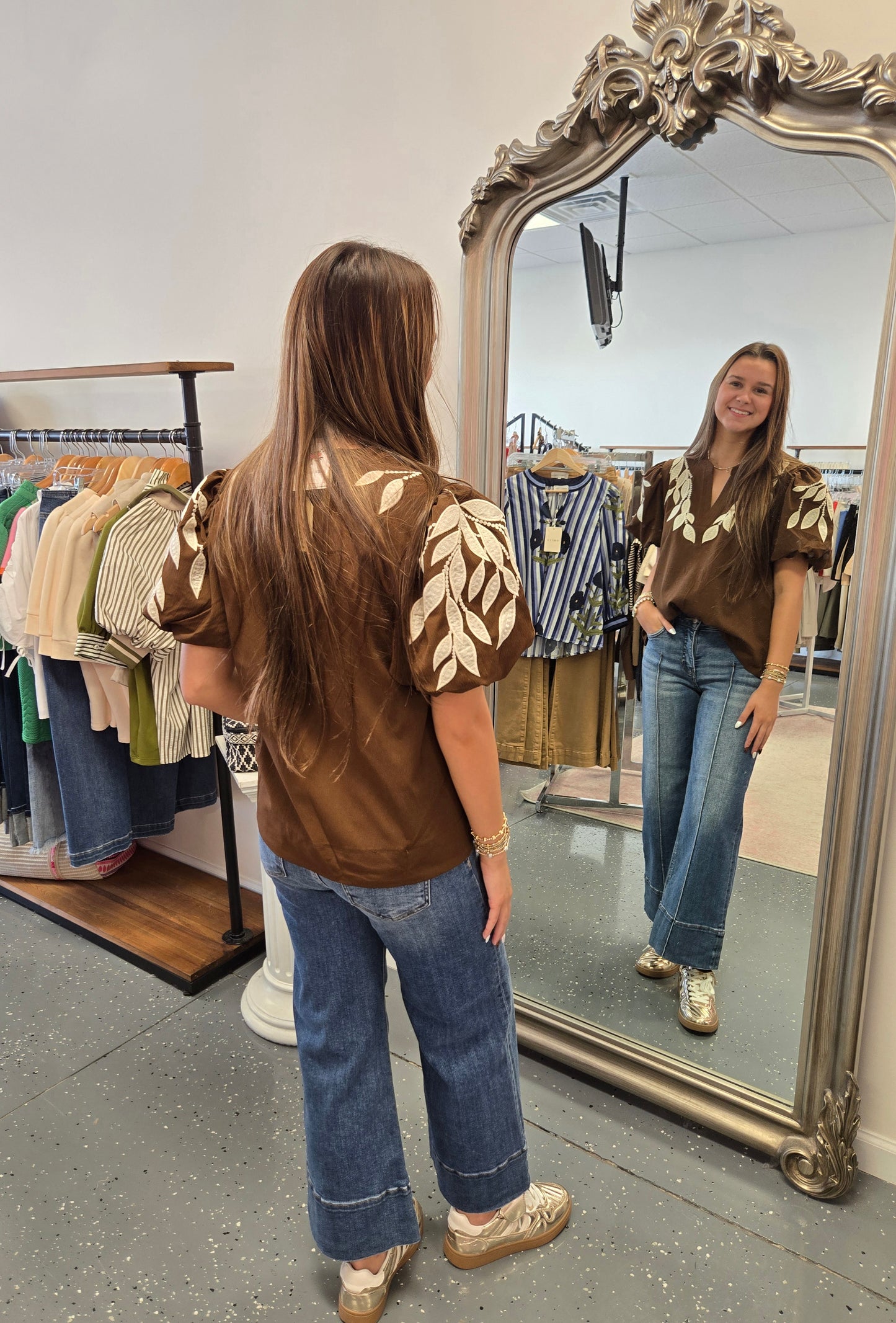 Leaf Embroidered Sleeve Blouse