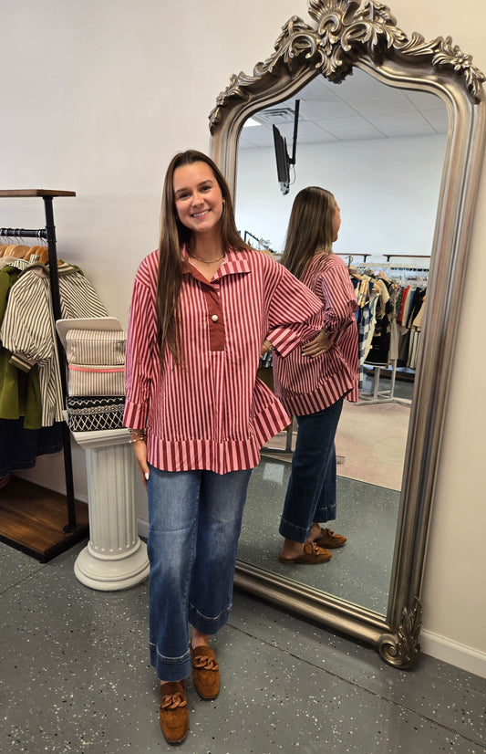 Striped 3/4 Length Sleeve Blouse- Burgundy