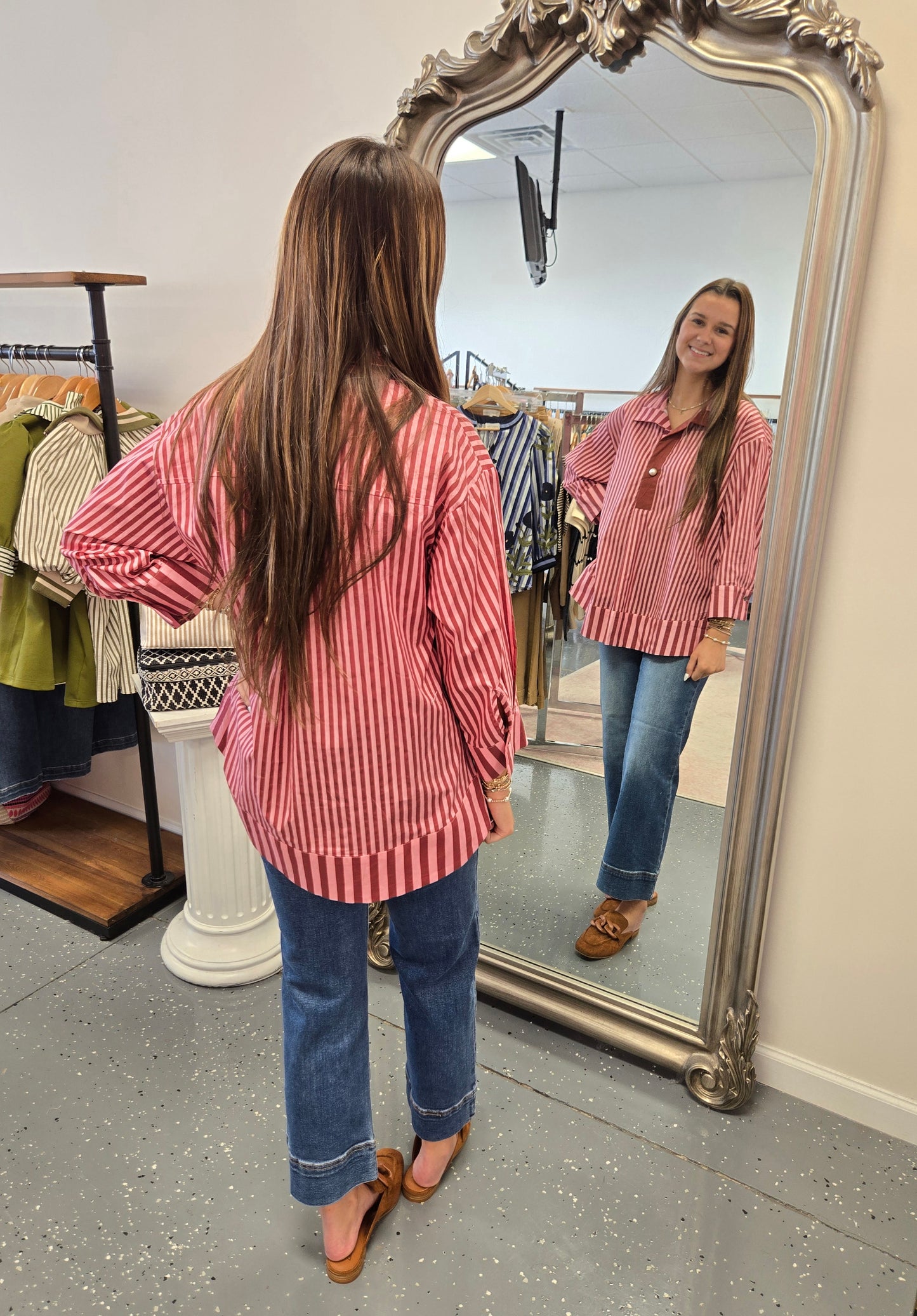Striped 3/4 Length Sleeve Blouse- Burgundy