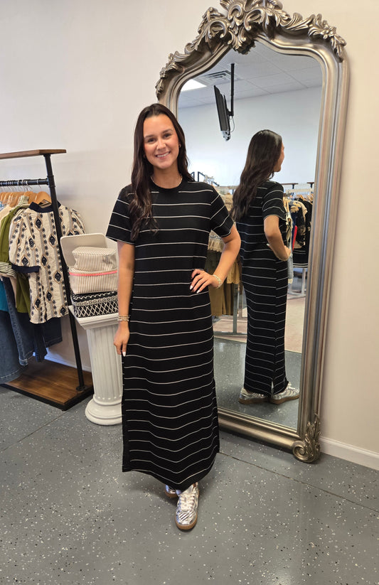 Striped Scuba Maxi Dress-Black