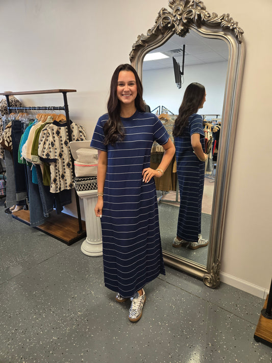 Striped Scuba Maxi Dress-Navy