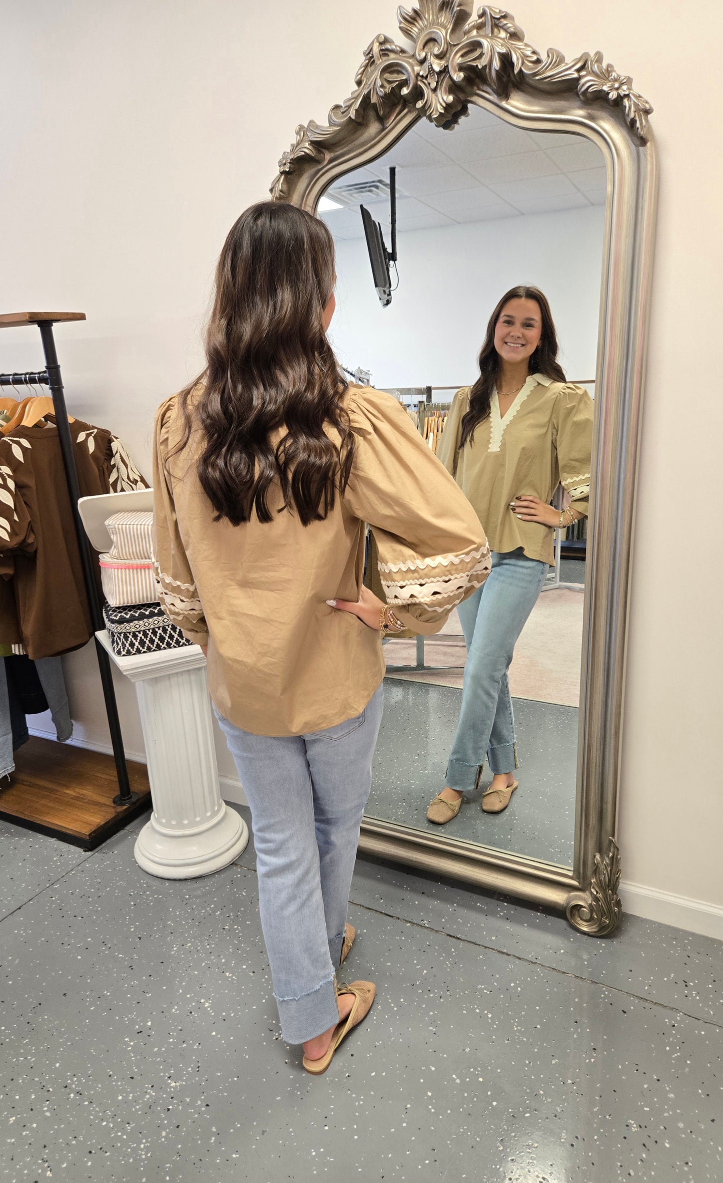Ric Rac Trim Blouse- Taupe