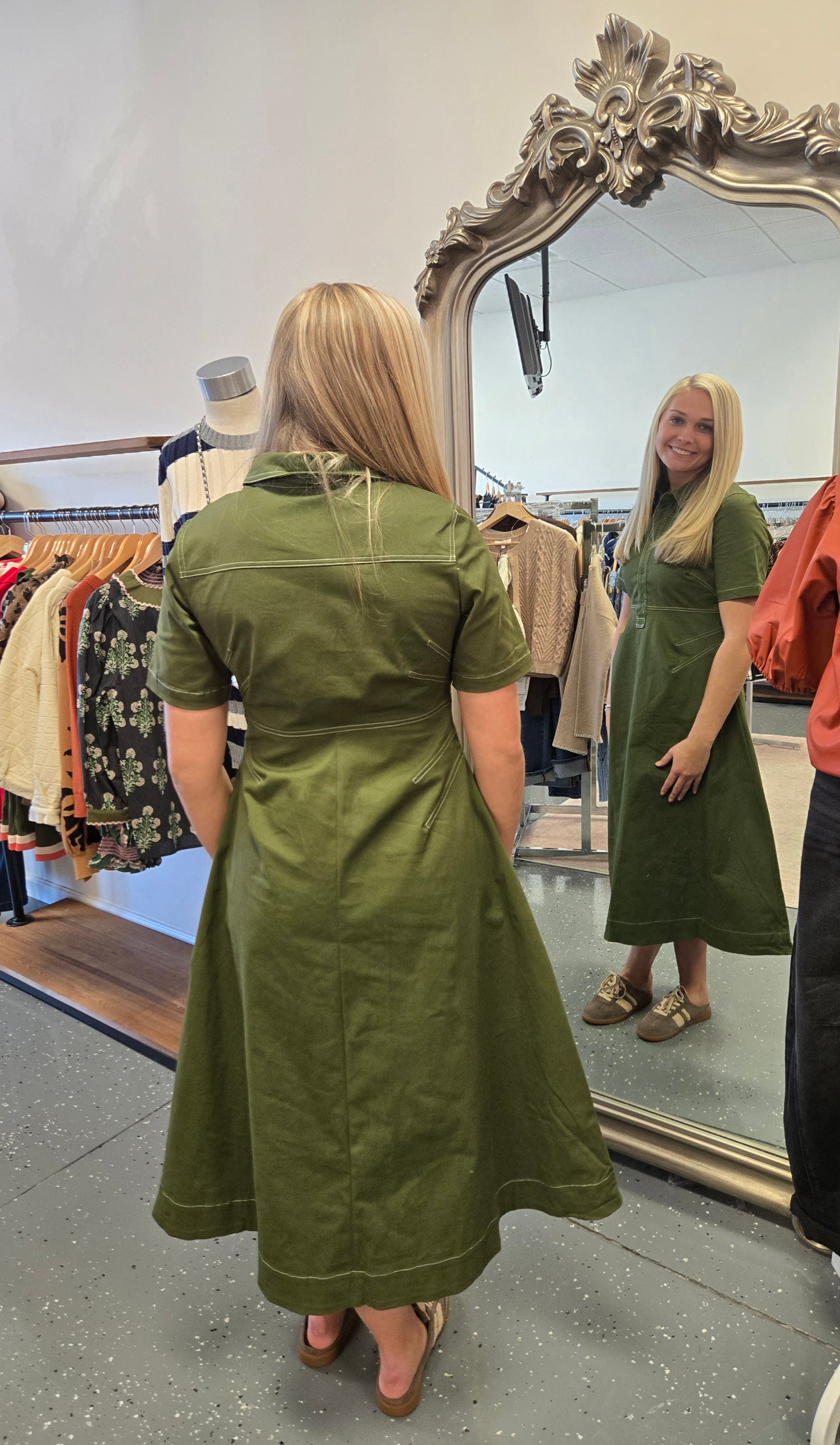 Contrast Stitching Detail Collard Midi Dress