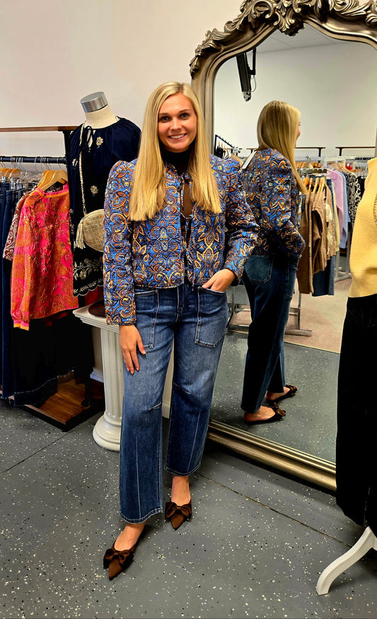 Quilted Print Self Tie Jacket