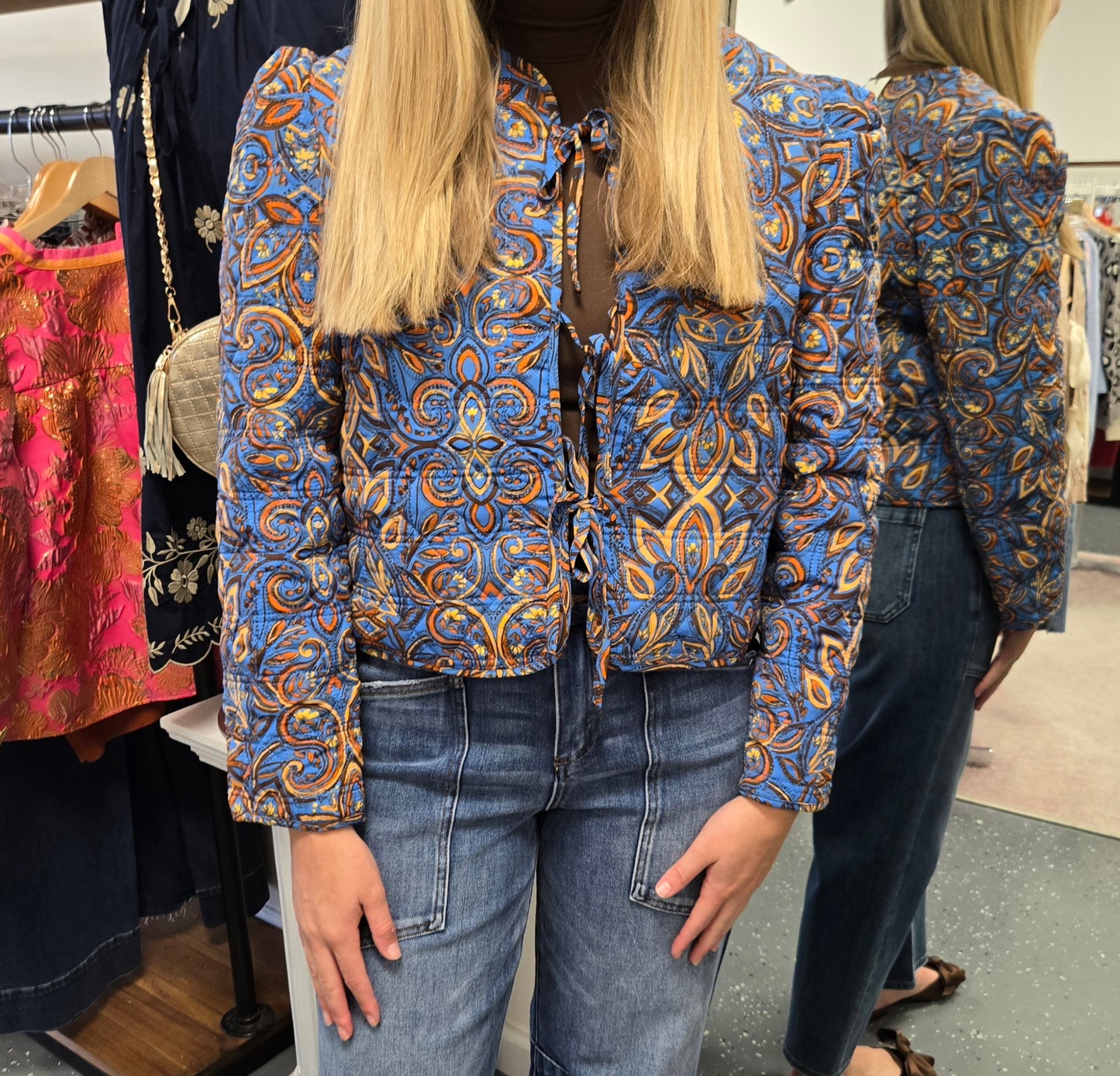 Quilted Print Self Tie Jacket