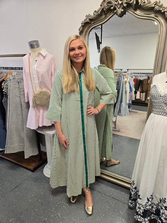 Striped 3/4 Sleeve Maxi Dress-Green