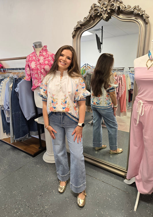 Border Print High Neck Blouse