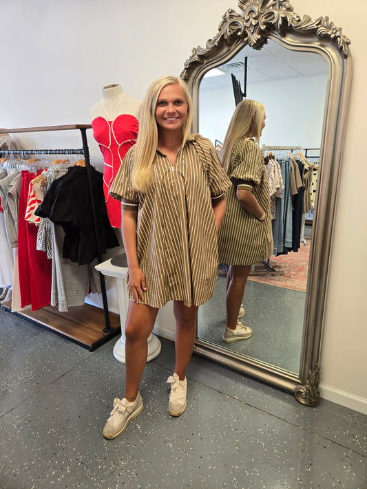 Mock Neck Striped Mini Dress- Brown