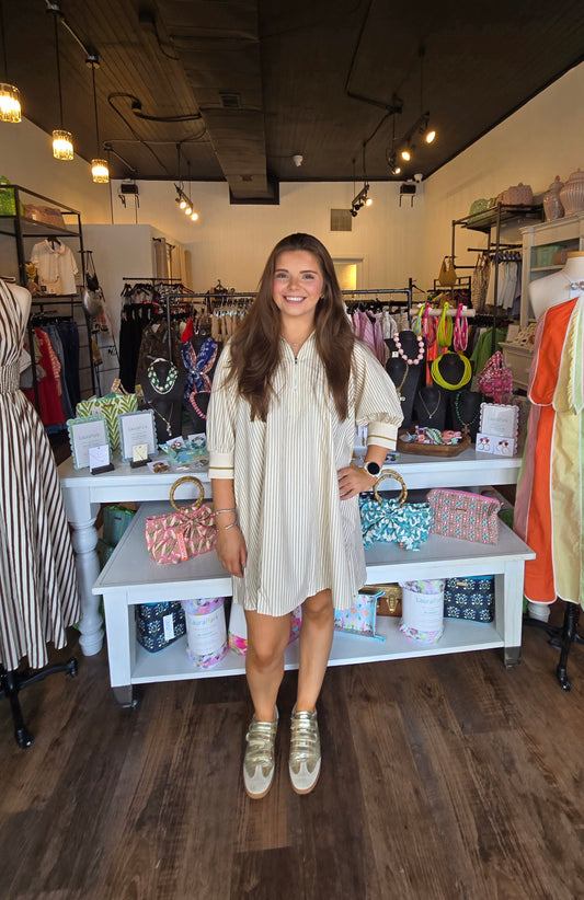 Mock Neck Band Puff Sleeve Dress