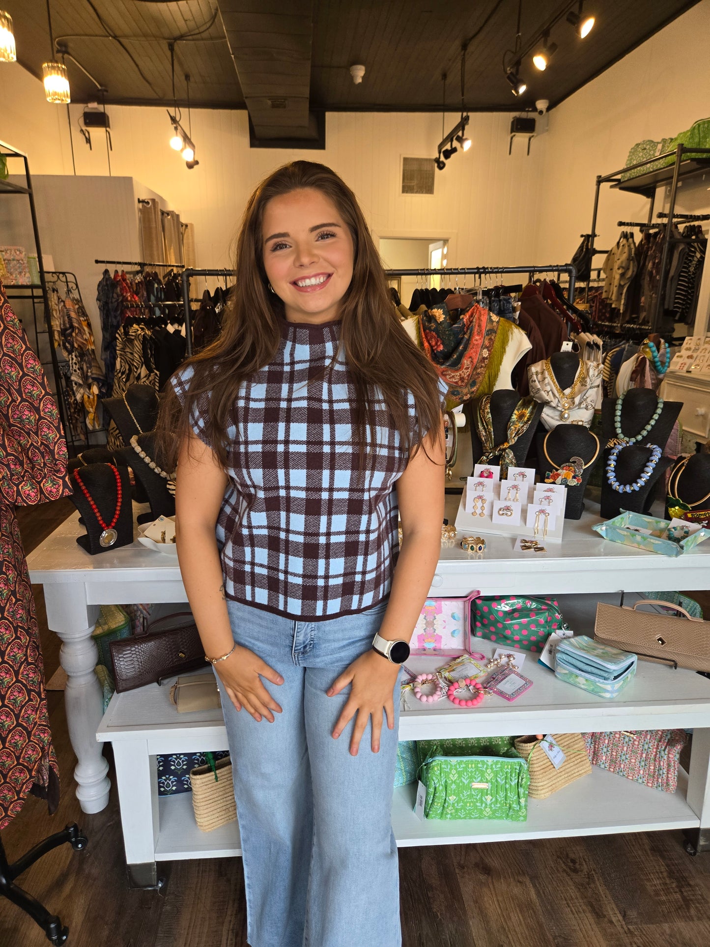Plaid Mock Neck Sleeveless Sweater
