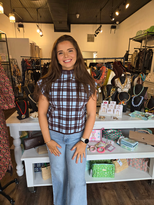 Plaid Mock Neck Sleeveless Sweater