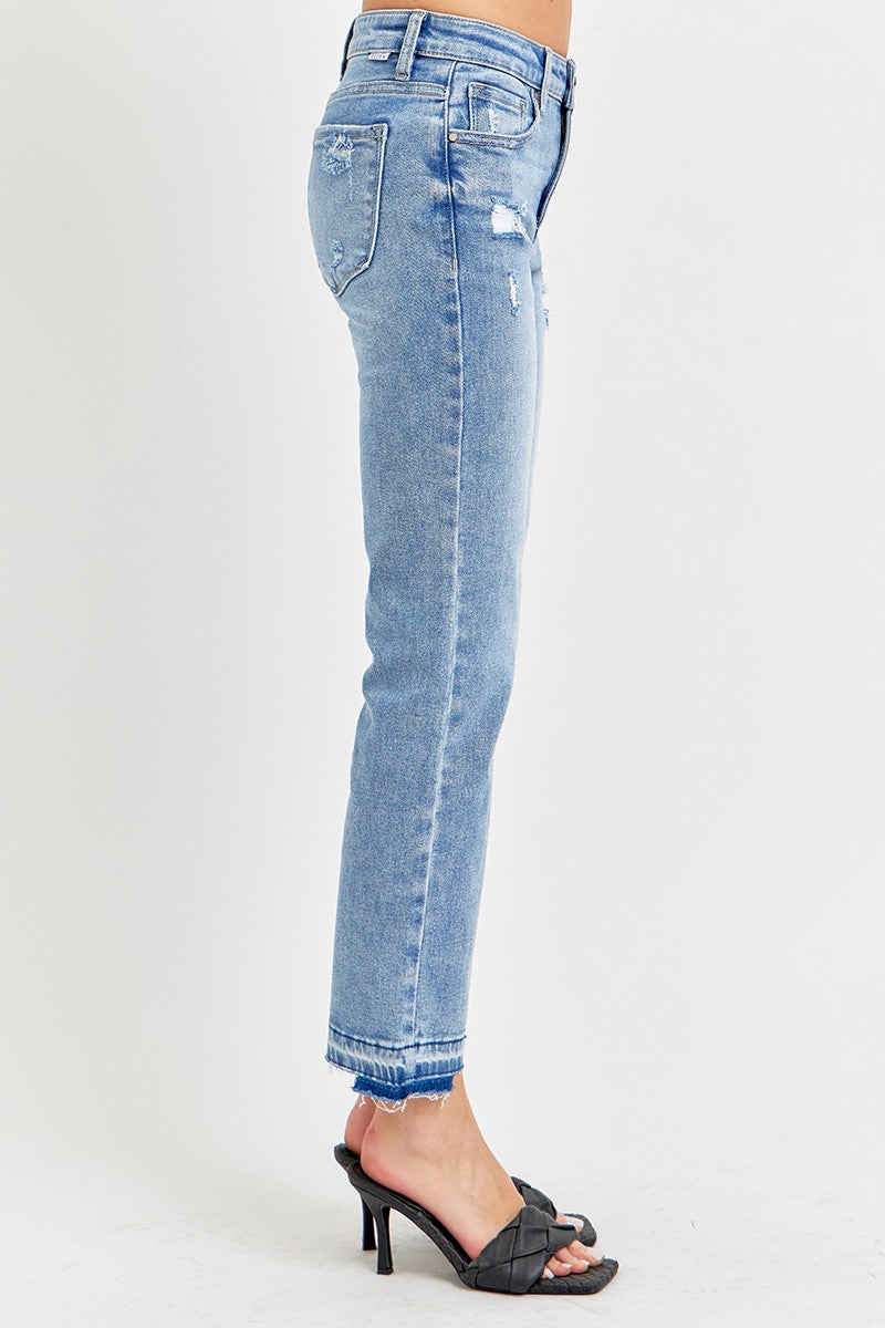 Mid Rise Ankle Straight Raw Release Hem Jeans