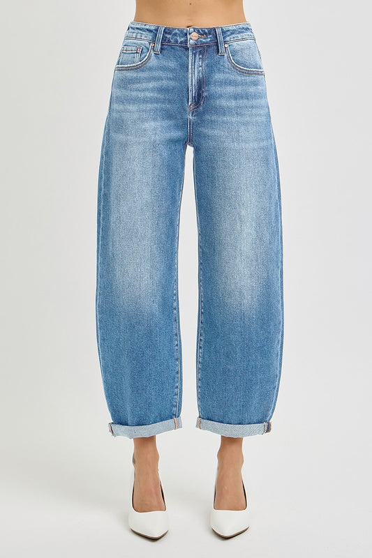 High Rise Barrel Cuffed Jeans