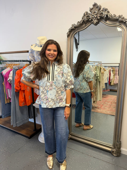 Pastel Garden Zip Top- Blue