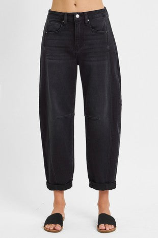 High Rise Crop Black Barrel Jeans