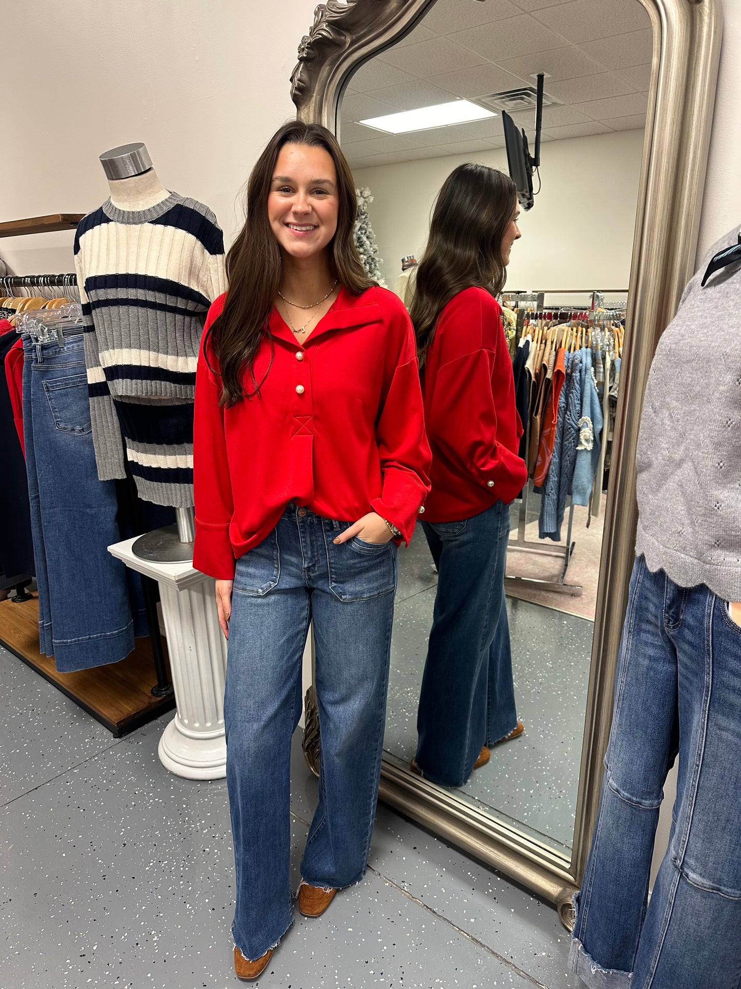 Pearl Accented Red Blouse