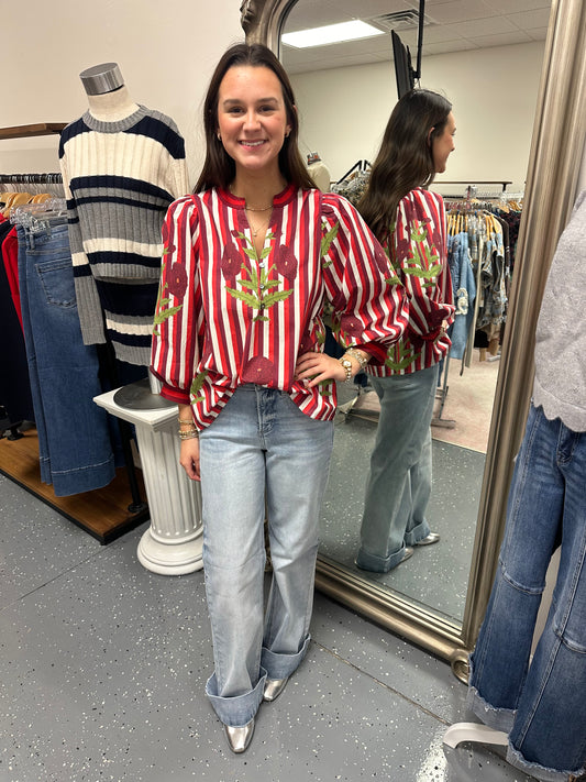 Striped Floral Blouse -Garnet