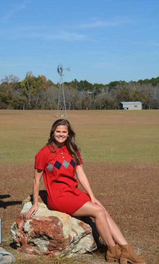 Argyle Knit Dress-Red
