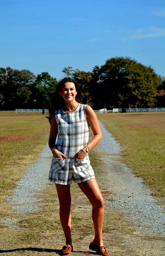 Round Neck Tweed Romper
