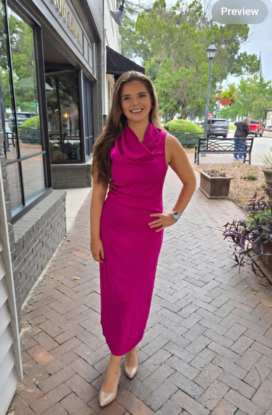 Fuchsia Elegance Cowl Neck Midi Dress
