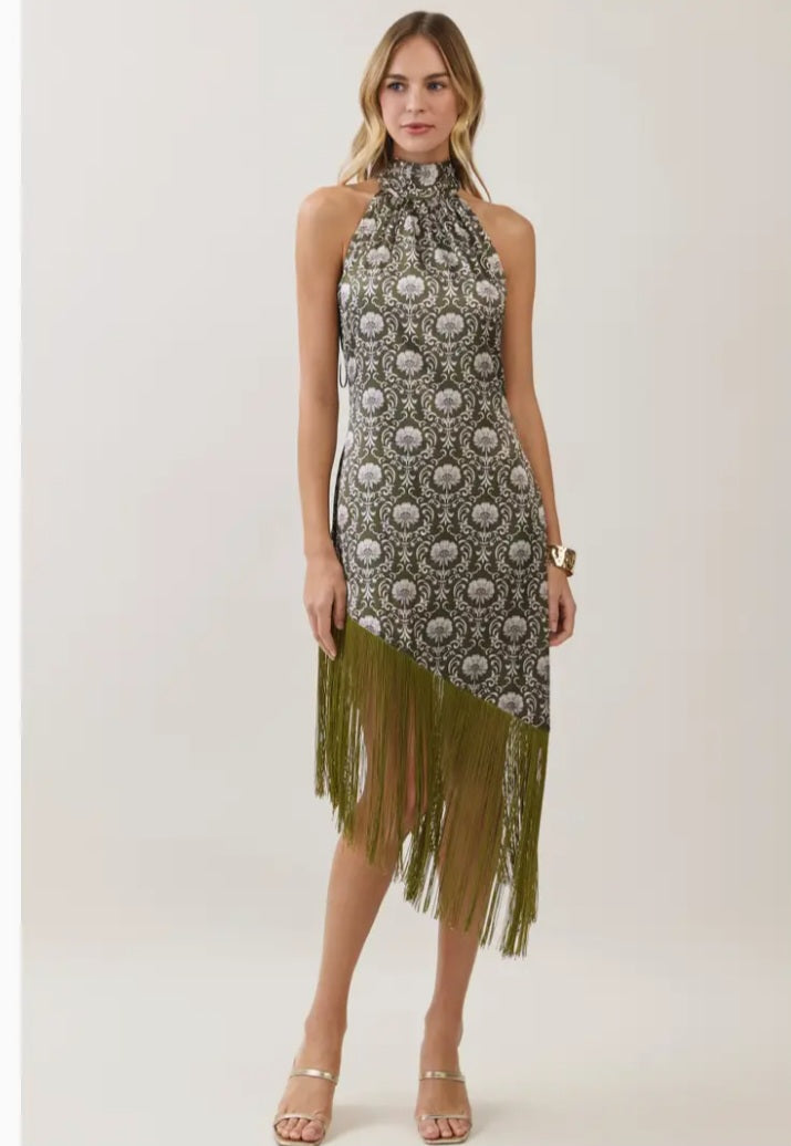 Olive Fringe Halter Dress