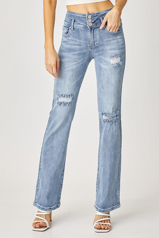 High Rise Straight Leg Distressed Jean