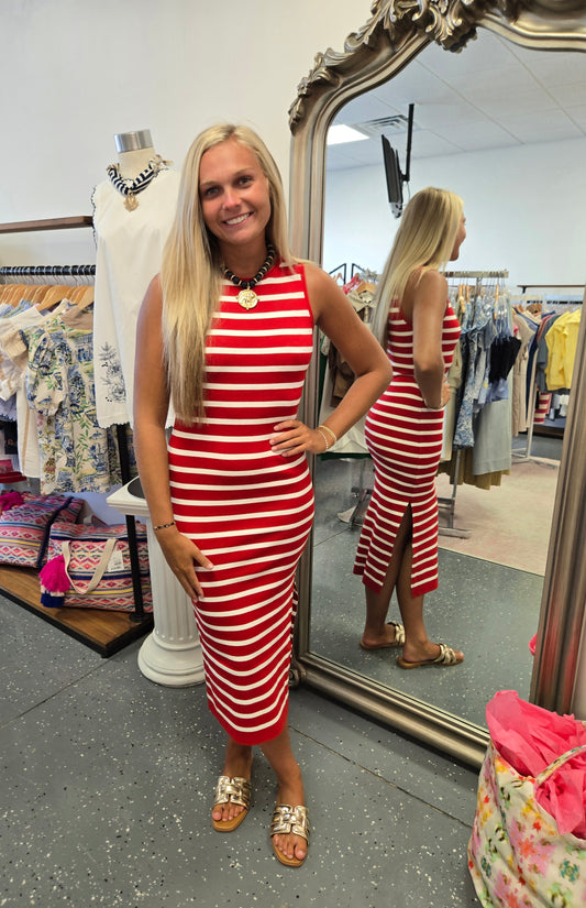 Red/White Fitted Midi
