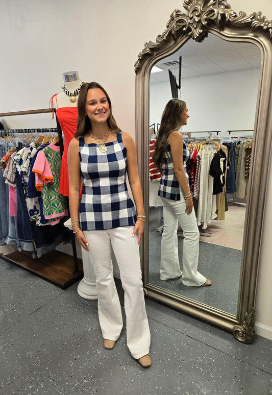 Gingham High Neck Top- Navy