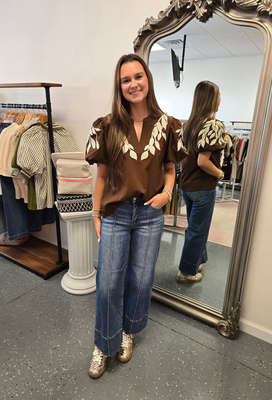 Leaf Embroidered Sleeve Blouse