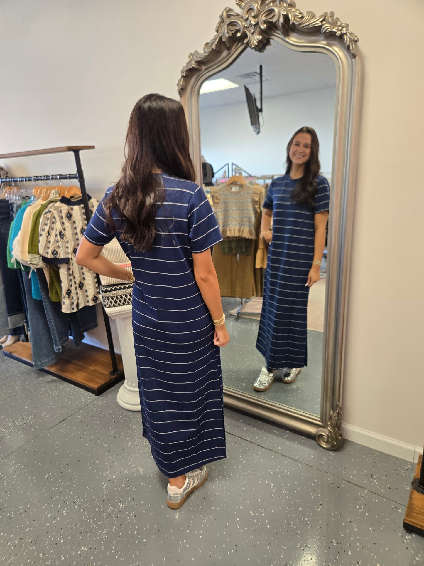 Striped Scuba Maxi Dress-Navy