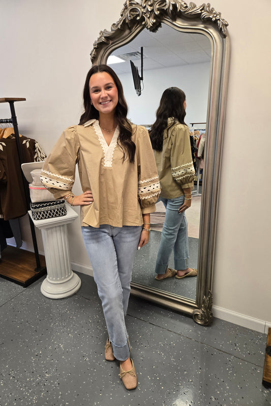 Ric Rac Trim Blouse- Taupe