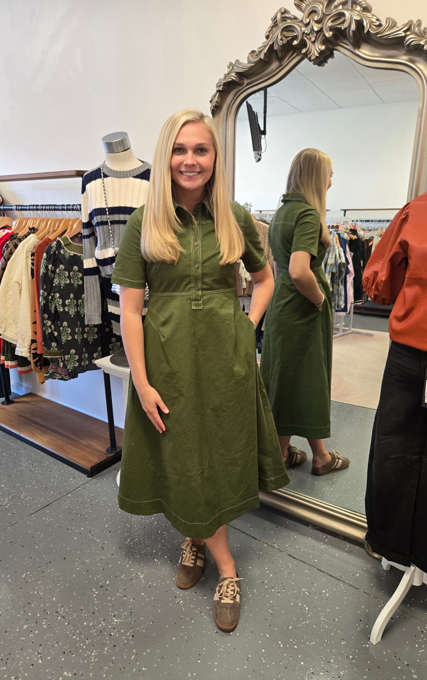 Contrast Stitching Detail Collard Midi Dress