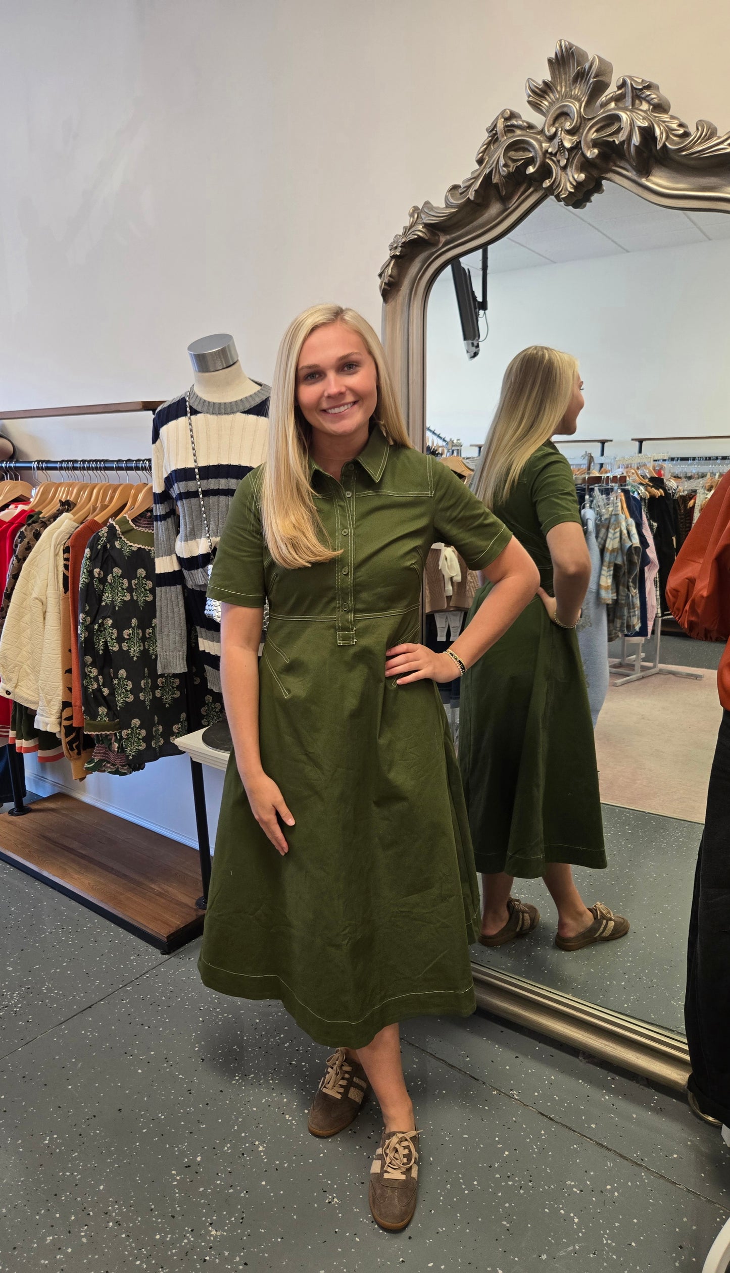 Contrast Stitching Detail Collard Midi Dress