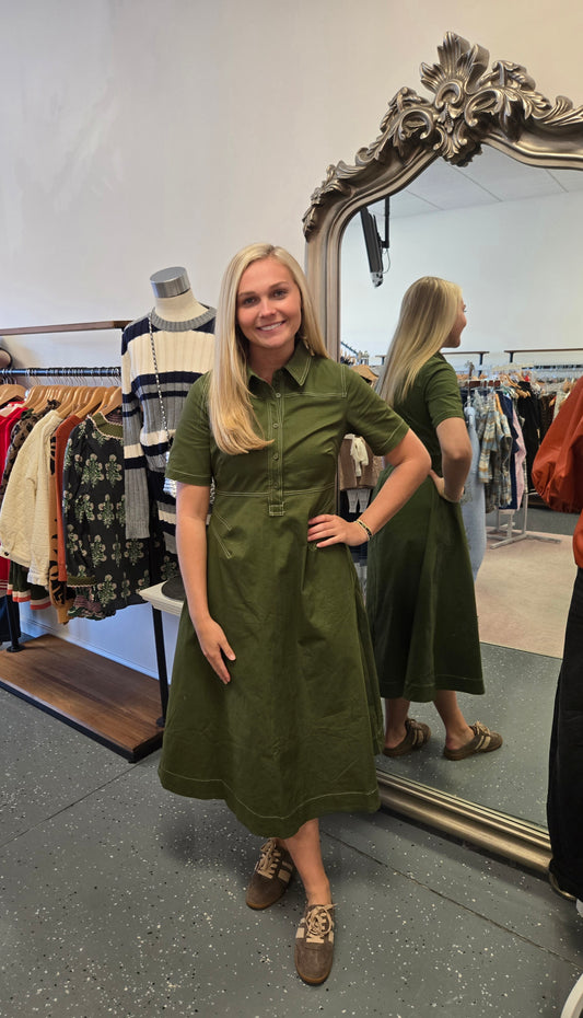 Contrast Stitching Detail Collard Midi Dress