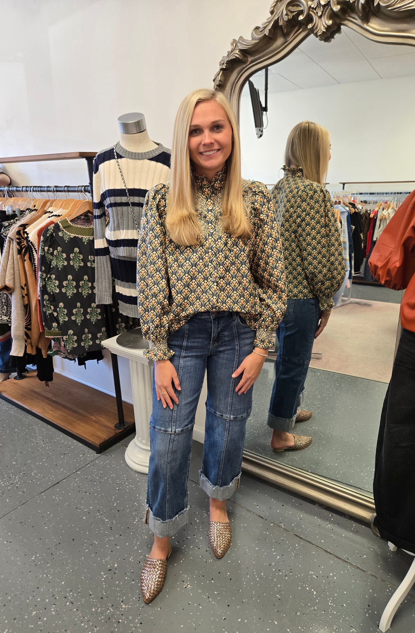 High Neck Smocked Button Up