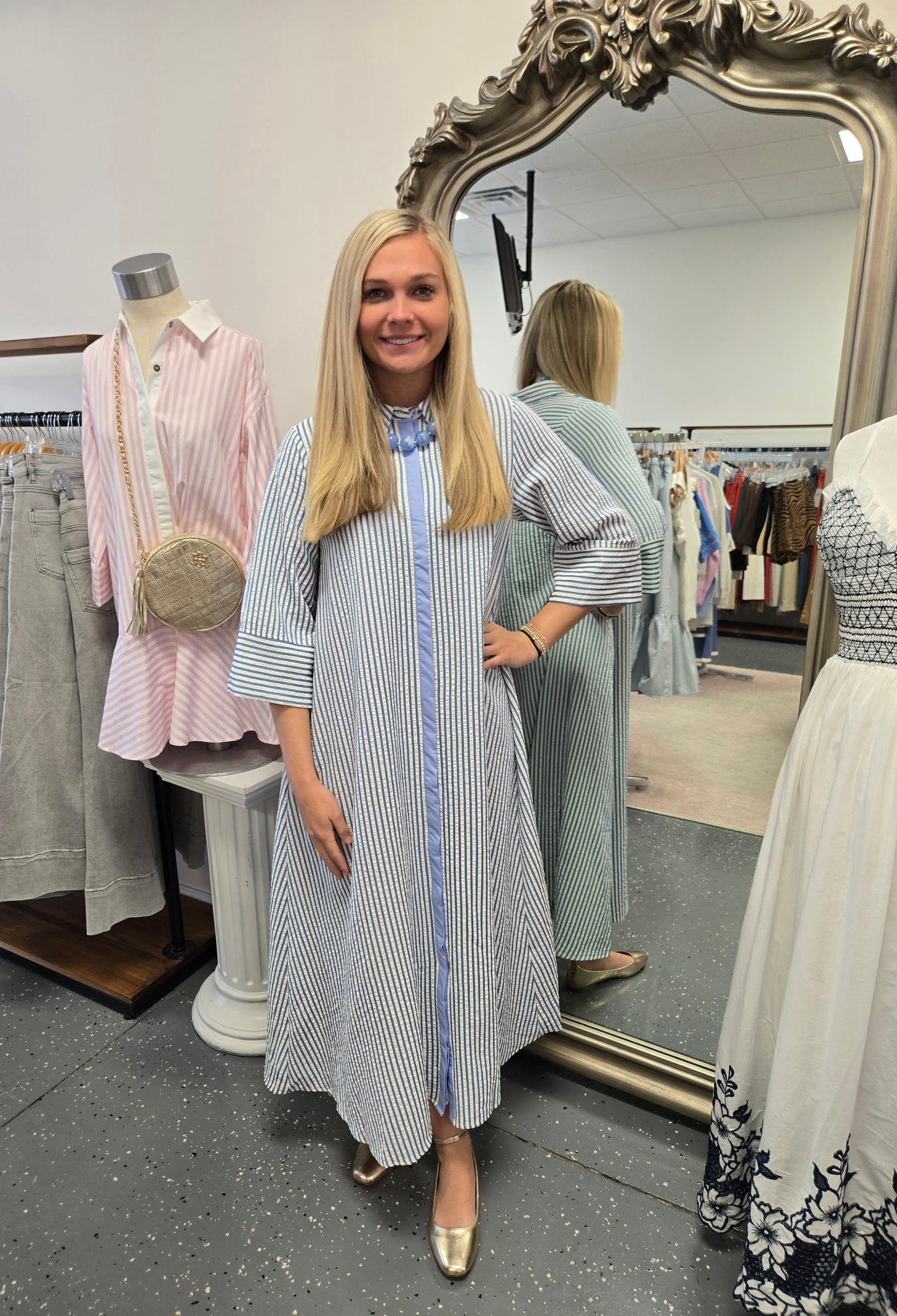 Striped 3/4 Sleeve Maxi Dress-Blue