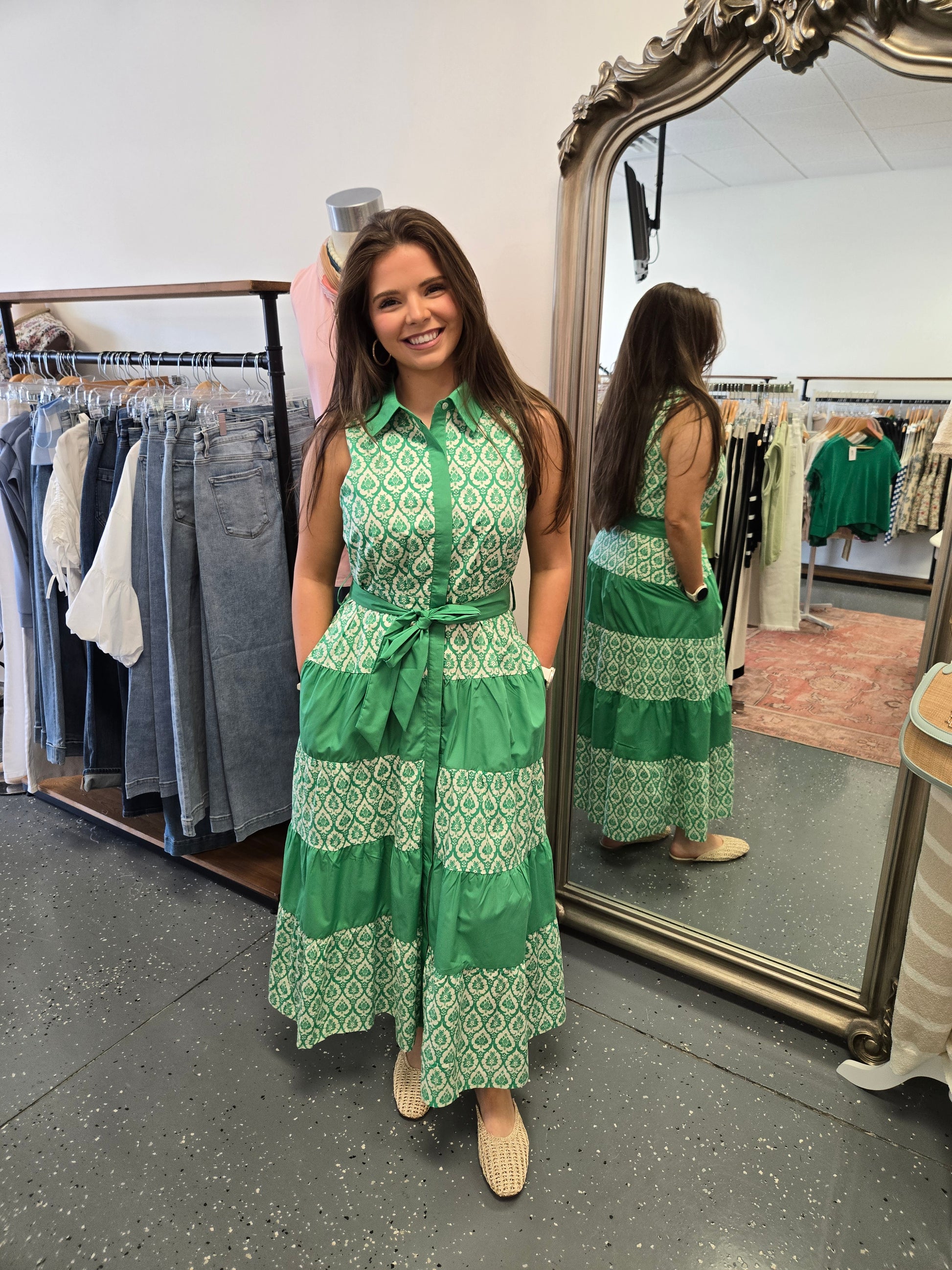 Emerald Garden Tiered Midi Dress Large