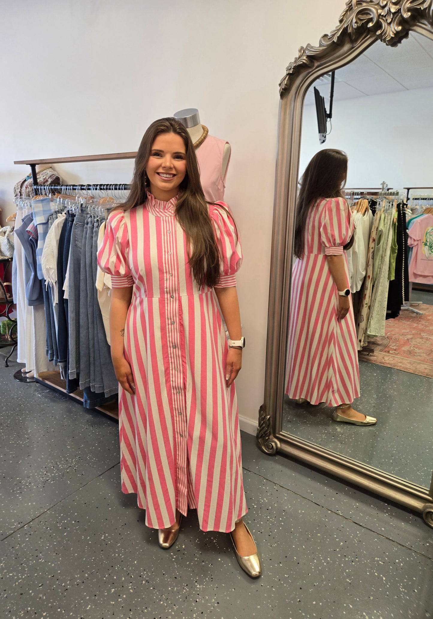 Striped Button Down Midi Dress -Pink