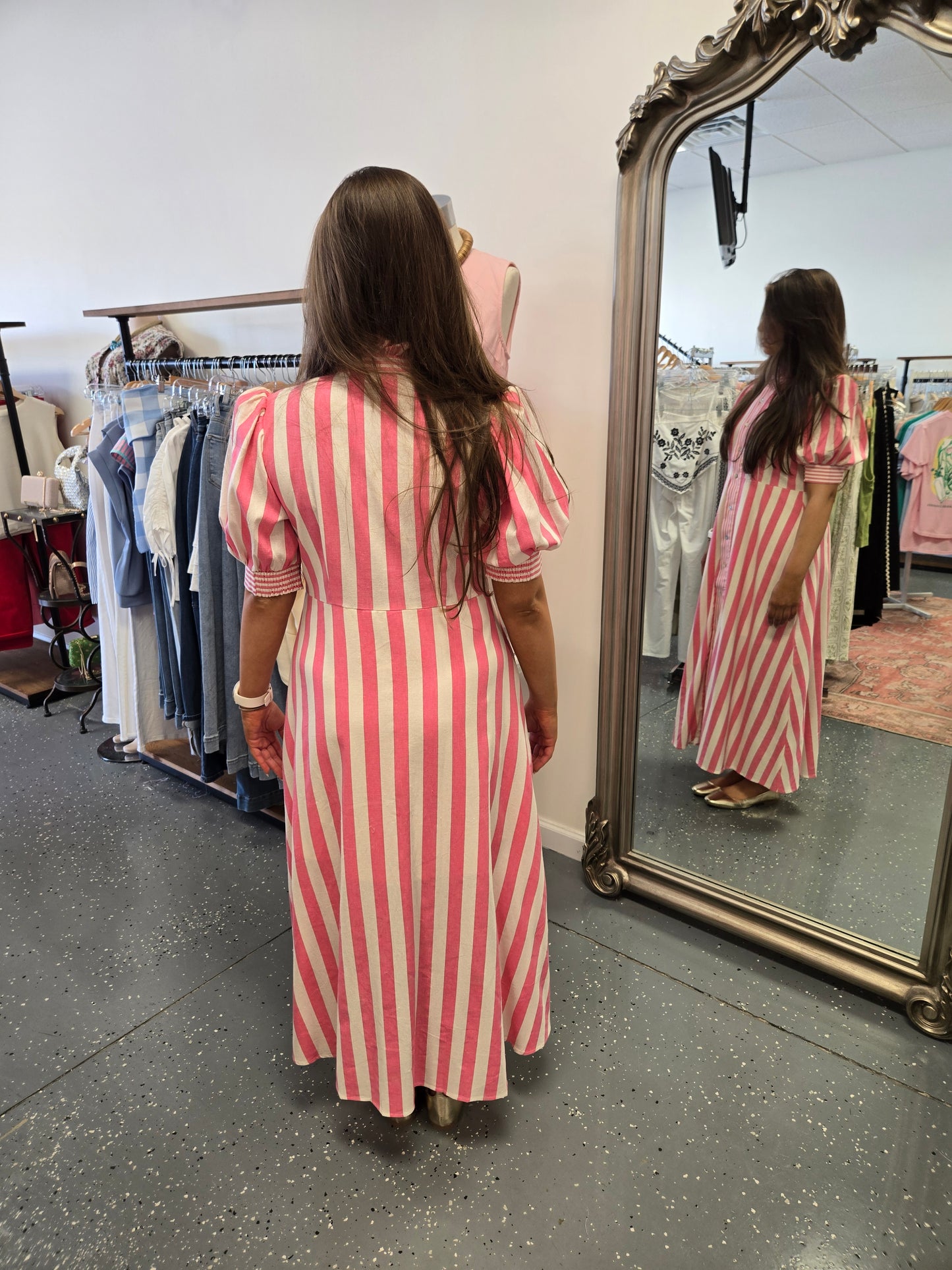 Striped Button Down Midi Dress -Pink