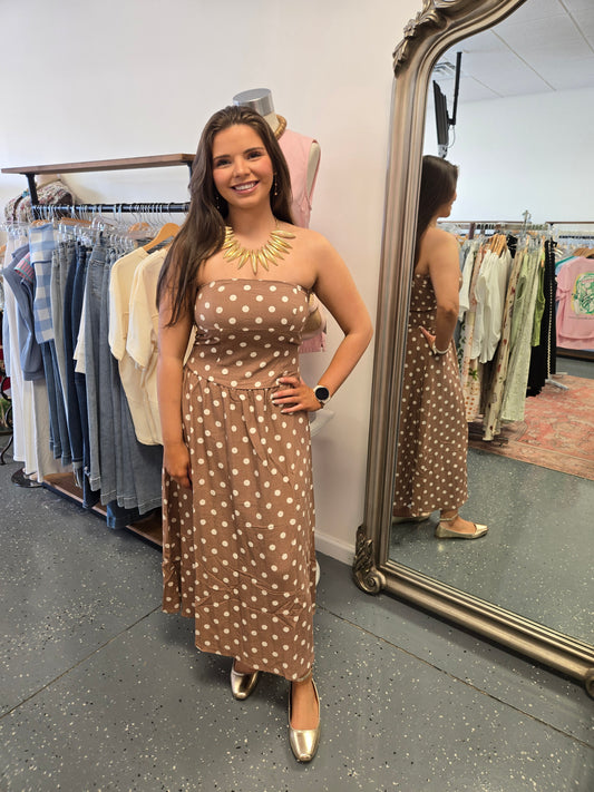"Tea Party" Strapless Polka Dot Midi